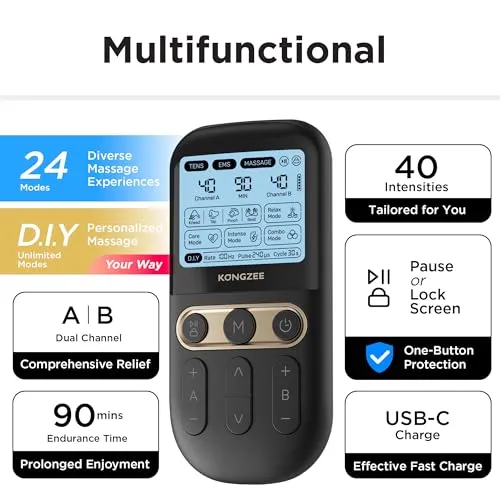 4 in 1 - D.I.Y & Tens Unit & EMS & Massage Muscle Stimulator, Dual Channel TENS Units Therapy Machine for Pain Relief, FDA Cleared Rechargeable Electronic Pulse Massager,with 12pcs Electrode Pads