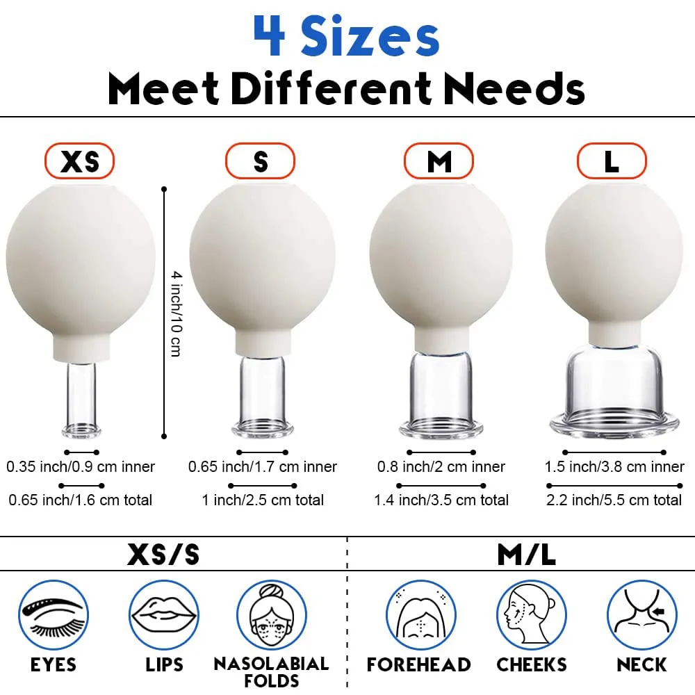 4 PCS Glass Facial Cupping Set | Silicone Vacuum Suction | Cupping Massage Therapy | A Kit For Anti Cellulite, Anti Wrinkle and Instantly Ageless Skin | For Eyes, Face and Body(White)