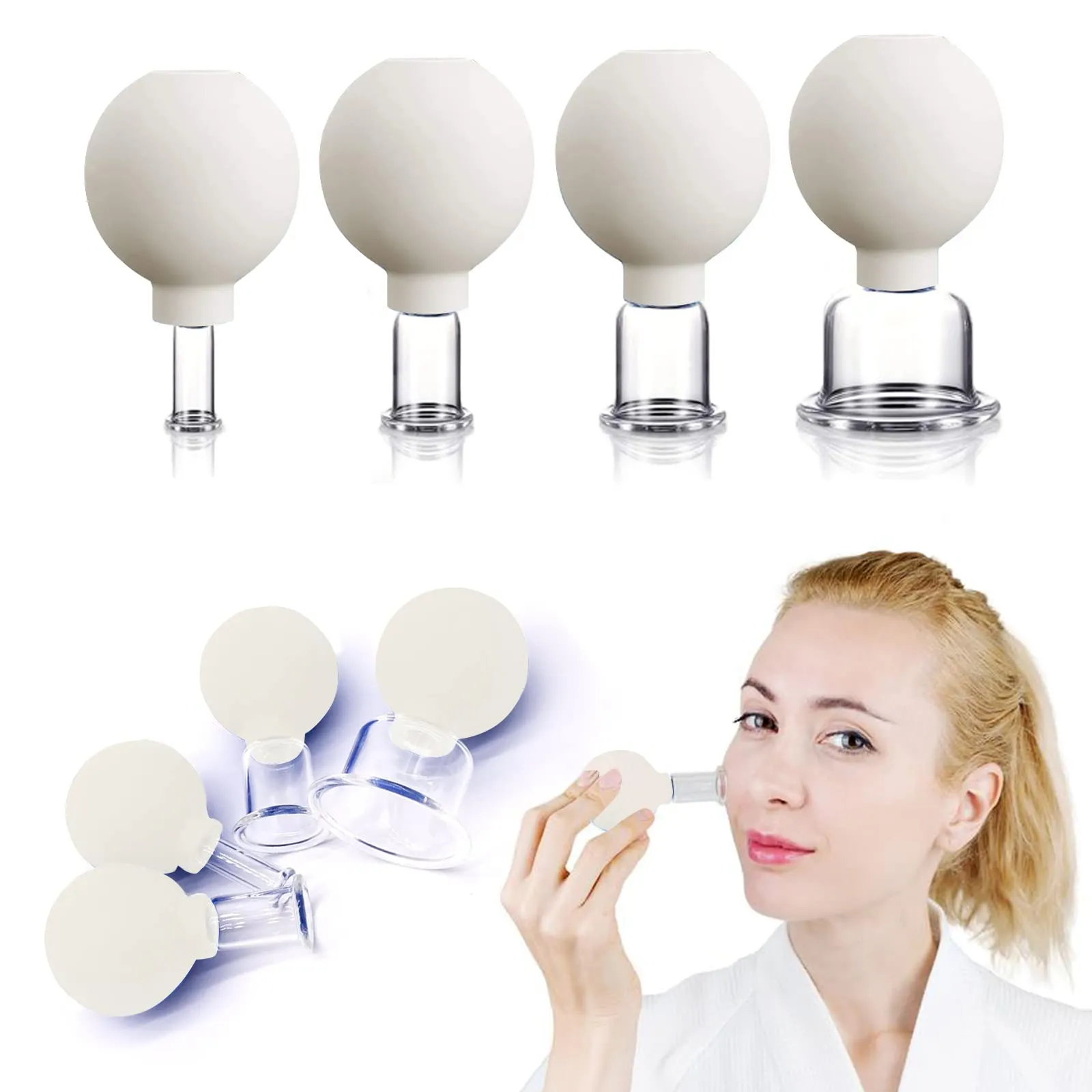 4 PCS Glass Facial Cupping Set | Silicone Vacuum Suction | Cupping Massage Therapy | A Kit For Anti Cellulite, Anti Wrinkle and Instantly Ageless Skin | For Eyes, Face and Body(White)