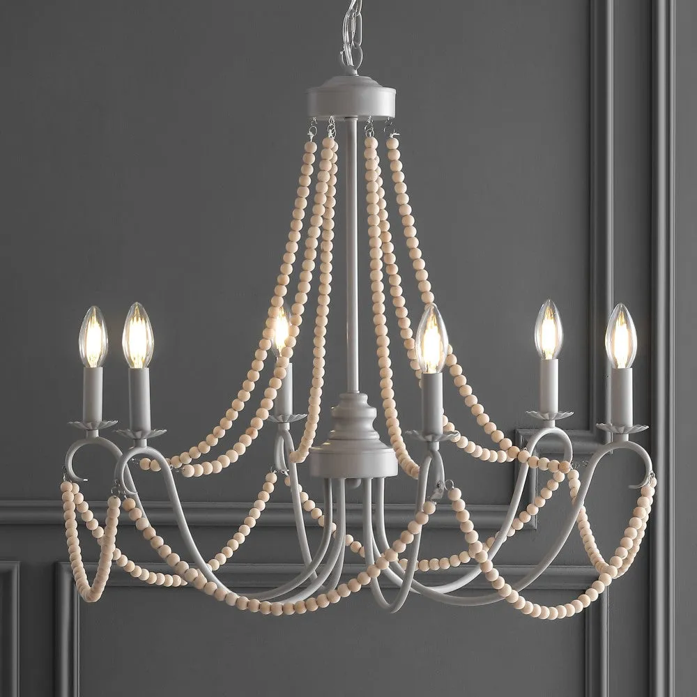 Azuero 6-Light 27" Adjustable Greige Metal/Wood Bead LED Chandelier