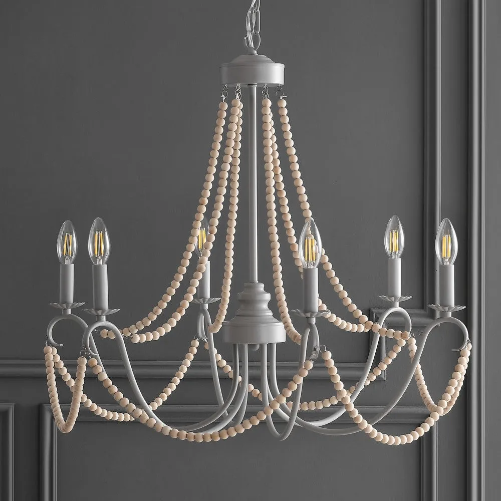Azuero 6-Light 27" Adjustable Greige Metal/Wood Bead LED Chandelier