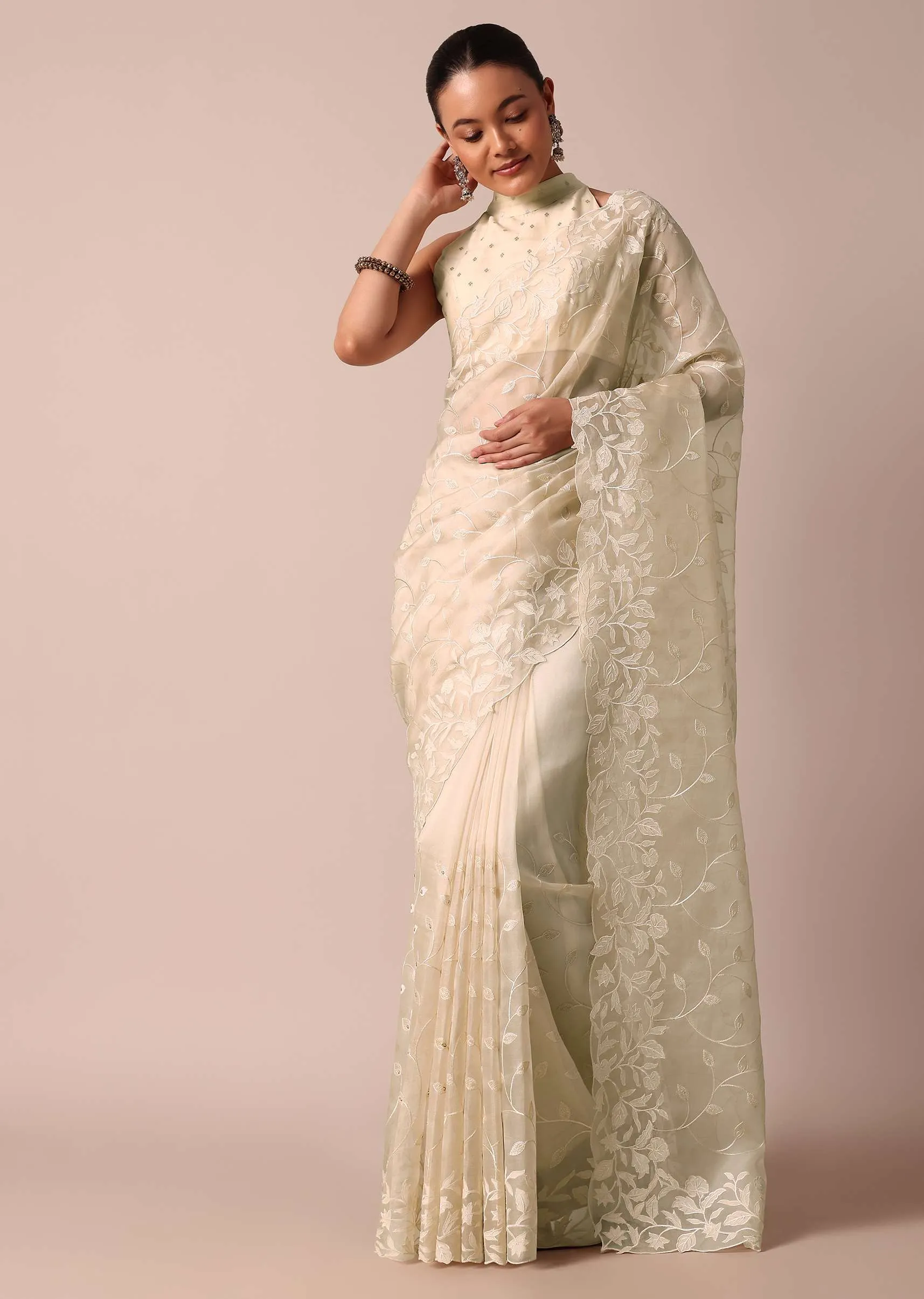 Beige Soft Organza Saree With Floral Work And Unstitched Blouse Piece