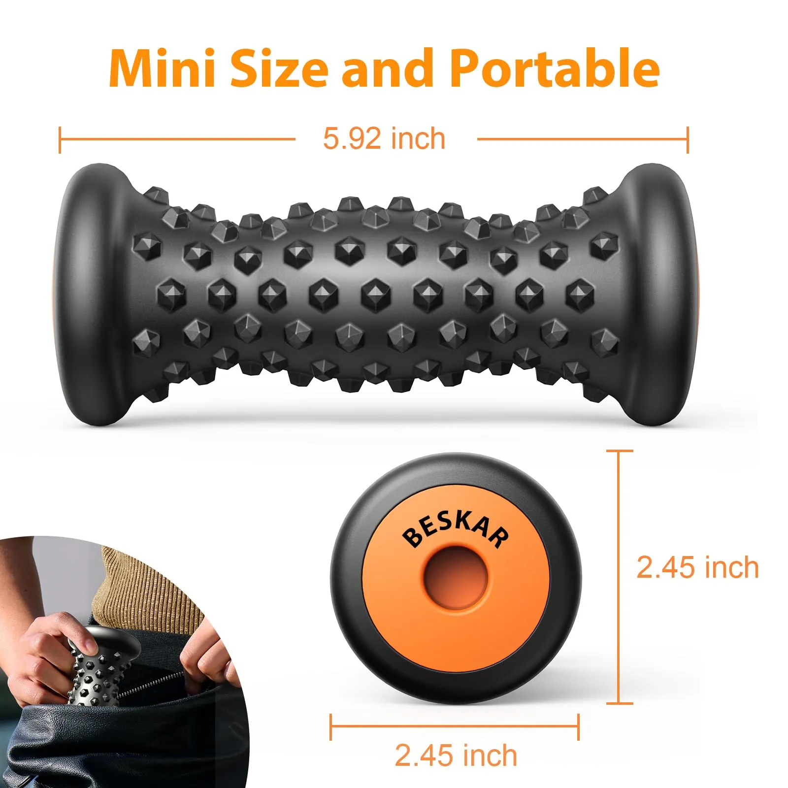 BESKAR Foot Massager Roller for Plantar Fasciitis Relief, Portable, Deep Tissue Muscle Massage, Foot Arch and Heel Pain, Reflexology Tool Black