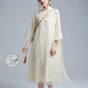 Buddha Stones 100% Mulberry Silk 6 Momme Dress Vintage Flower Butterfly Embroidery Qipao Dress Women's Cheongsam Dress