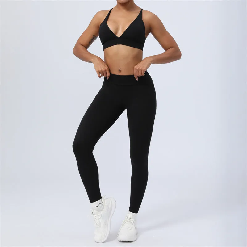 Buddha Stones 2-Piece Yoga Outfit Set - Backless Criss-Cross Strap Top, Bra, Shorts, and Leggings for Fitness