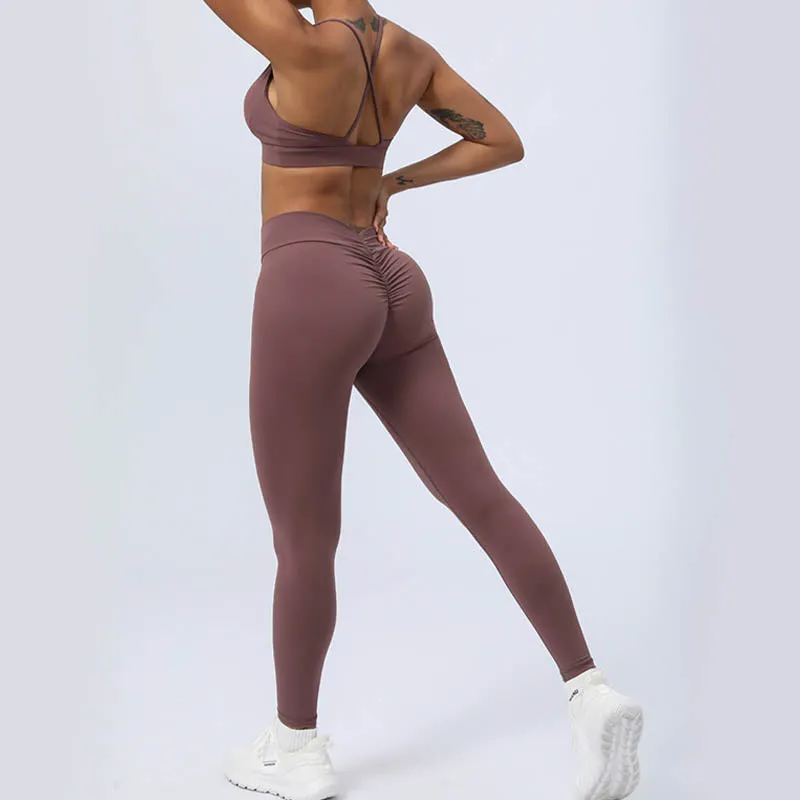 Buddha Stones 2-Piece Yoga Outfit Set - Backless Criss-Cross Strap Top, Bra, Shorts, and Leggings for Fitness