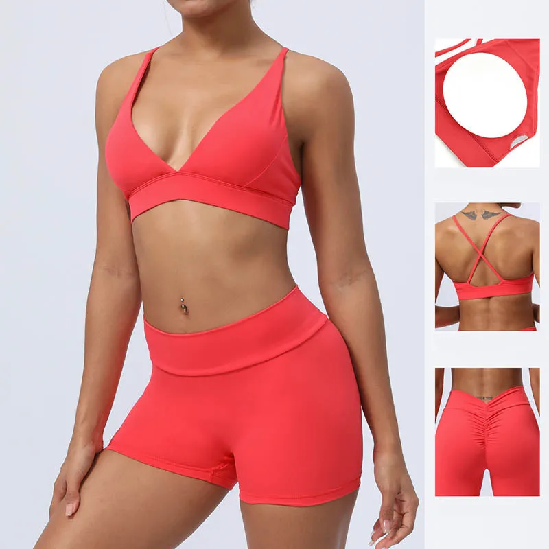 Buddha Stones 2-Piece Yoga Outfit Set - Backless Criss-Cross Strap Top, Bra, Shorts, and Leggings for Fitness