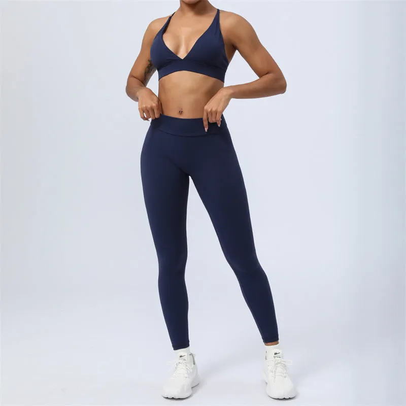 Buddha Stones 2-Piece Yoga Outfit Set - Backless Criss-Cross Strap Top, Bra, Shorts, and Leggings for Fitness