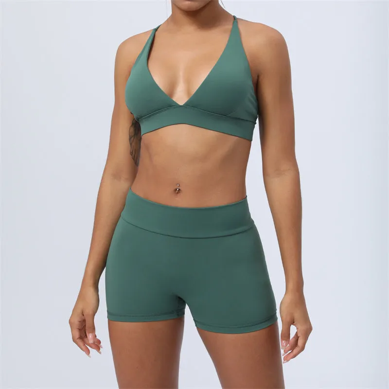 Buddha Stones 2-Piece Yoga Outfit Set - Backless Criss-Cross Strap Top, Bra, Shorts, and Leggings for Fitness