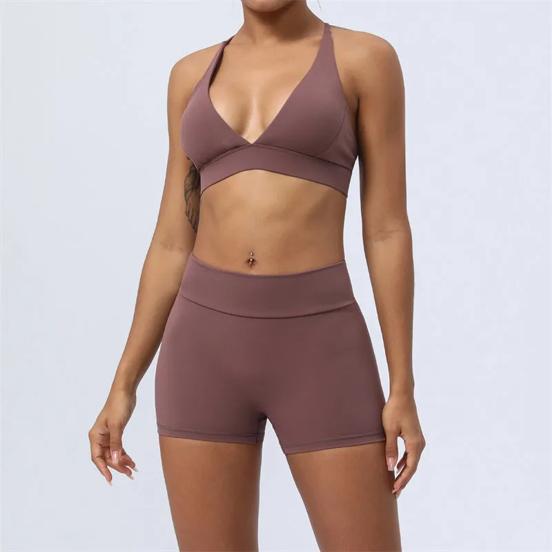 Buddha Stones 2-Piece Yoga Outfit Set - Backless Criss-Cross Strap Top, Bra, Shorts, and Leggings for Fitness