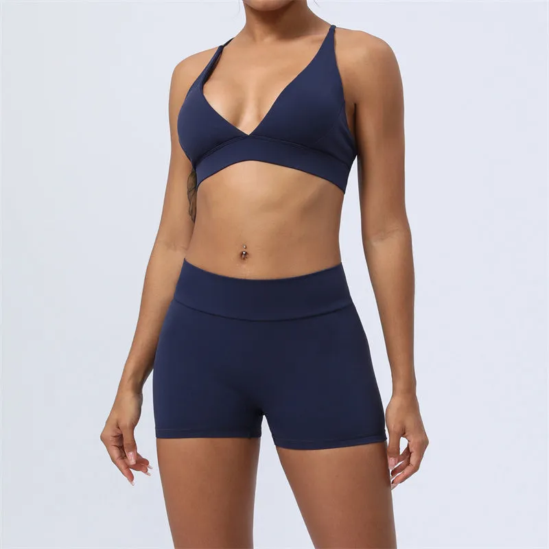 Buddha Stones 2-Piece Yoga Outfit Set - Backless Criss-Cross Strap Top, Bra, Shorts, and Leggings for Fitness