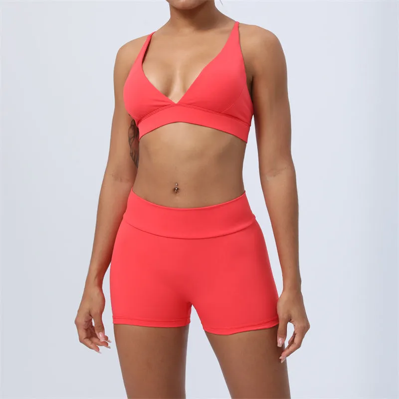 Buddha Stones 2-Piece Yoga Outfit Set - Backless Criss-Cross Strap Top, Bra, Shorts, and Leggings for Fitness