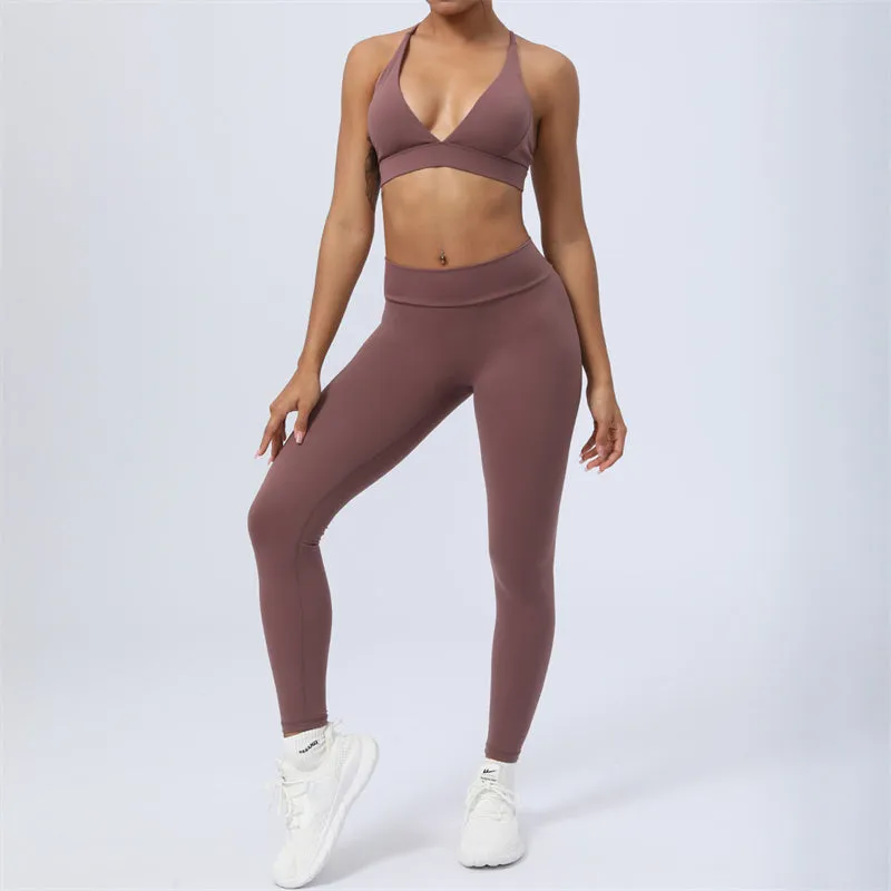Buddha Stones 2-Piece Yoga Outfit Set - Backless Criss-Cross Strap Top, Bra, Shorts, and Leggings for Fitness