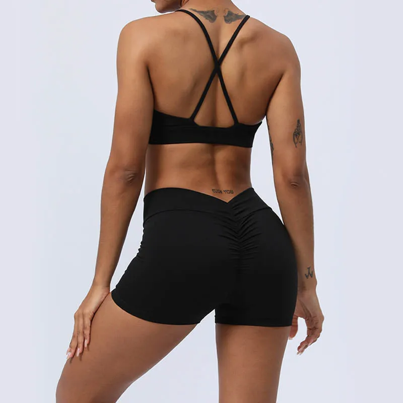 Buddha Stones 2-Piece Yoga Outfit Set - Backless Criss-Cross Strap Top, Bra, Shorts, and Leggings for Fitness