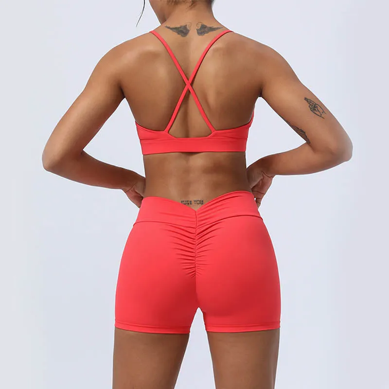 Buddha Stones 2-Piece Yoga Outfit Set - Backless Criss-Cross Strap Top, Bra, Shorts, and Leggings for Fitness