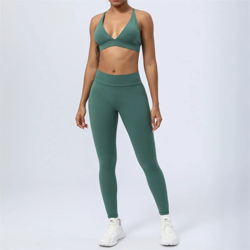 Buddha Stones 2-Piece Yoga Outfit Set - Backless Criss-Cross Strap Top, Bra, Shorts, and Leggings for Fitness