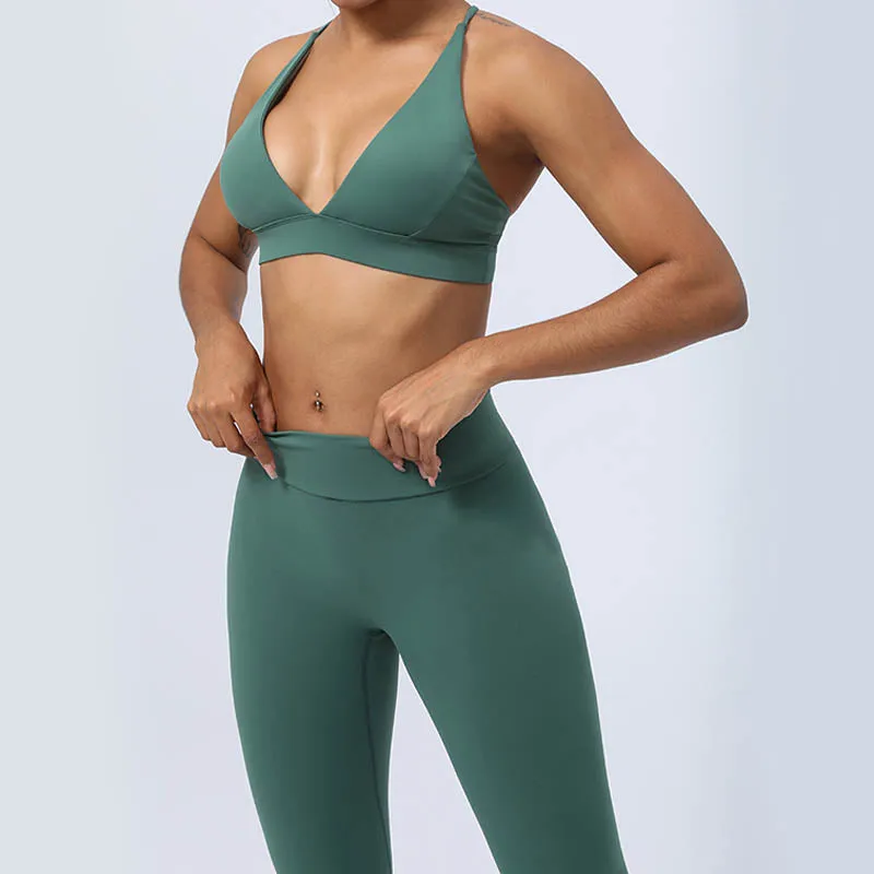 Buddha Stones 2-Piece Yoga Outfit Set - Backless Criss-Cross Strap Top, Bra, Shorts, and Leggings for Fitness