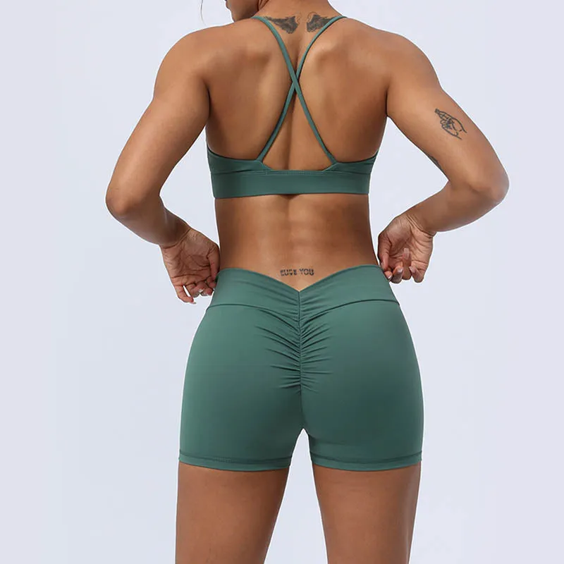 Buddha Stones 2-Piece Yoga Outfit Set - Backless Criss-Cross Strap Top, Bra, Shorts, and Leggings for Fitness