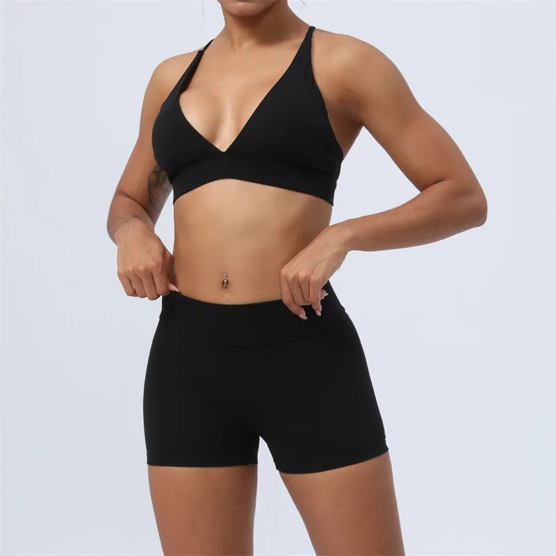 Buddha Stones 2-Piece Yoga Outfit Set - Backless Criss-Cross Strap Top, Bra, Shorts, and Leggings for Fitness