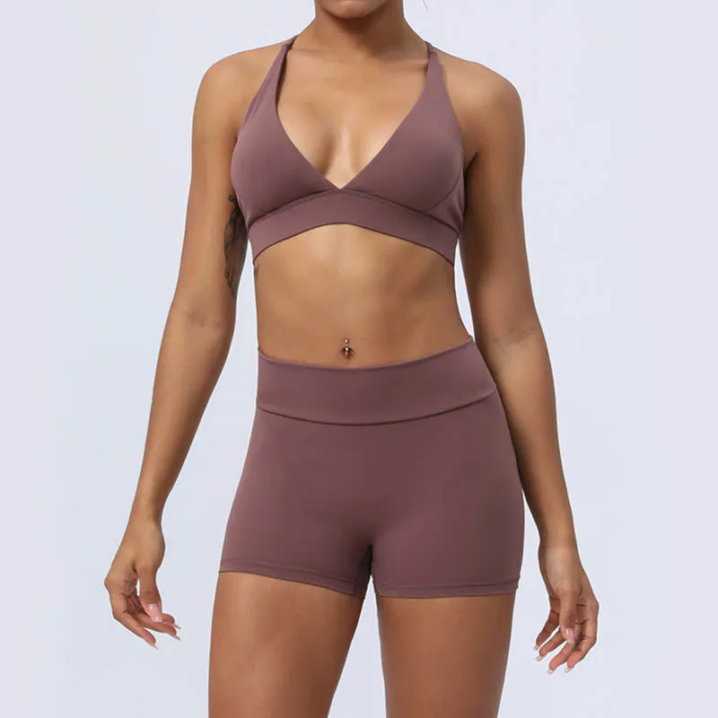 Buddha Stones 2-Piece Yoga Outfit Set - Backless Criss-Cross Strap Top, Bra, Shorts, and Leggings for Fitness