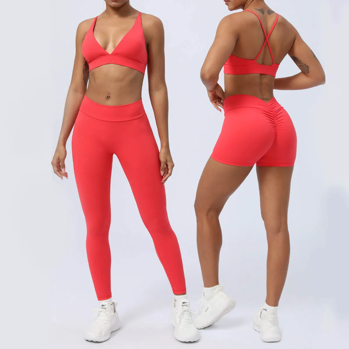 Buddha Stones 2-Piece Yoga Outfit Set - Backless Criss-Cross Strap Top, Bra, Shorts, and Leggings for Fitness
