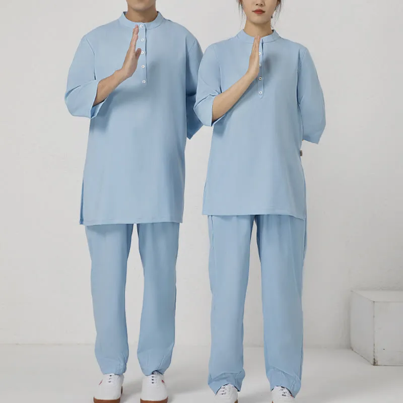 Buddha Stones 2Pcs Buttons Men's Three Quarter Sleeve Shirt Top Pants Meditation Zen Tai Chi Cotton Linen Clothing Set