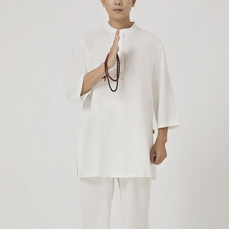 Buddha Stones 2Pcs Buttons Men's Three Quarter Sleeve Shirt Top Pants Meditation Zen Tai Chi Cotton Linen Clothing Set