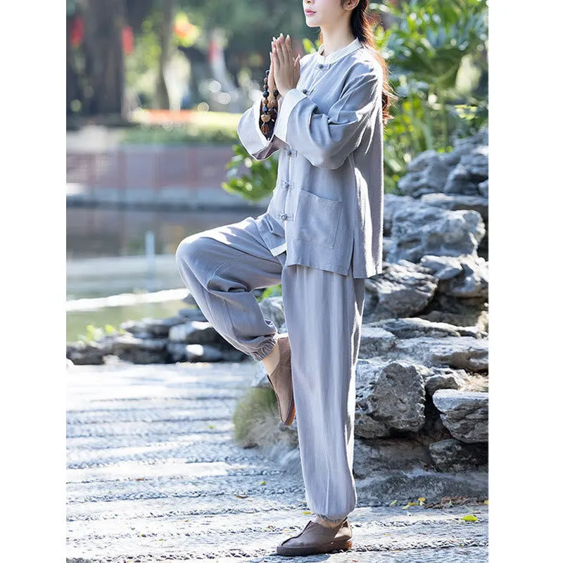Buddha Stones 2Pcs Frog-Button Long Sleeve Shirt Top Pants Meditation Zen Tai Chi Cotton Linen Clothing Women's Set