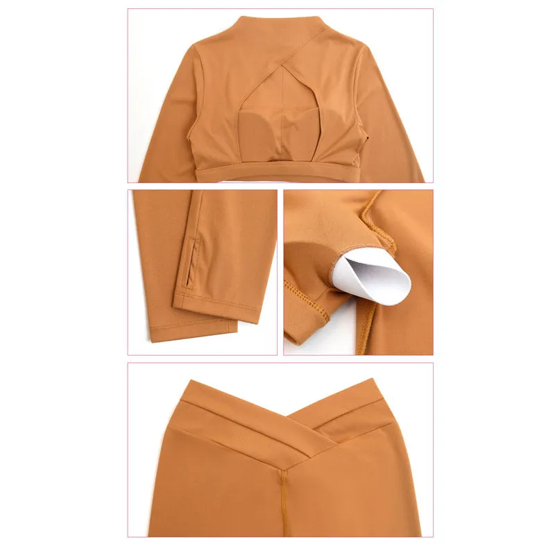 Buddha Stones 2Pcs Long Sleeve Backless Top Bra Leggings Pants Fitness Yoga Outfit Set