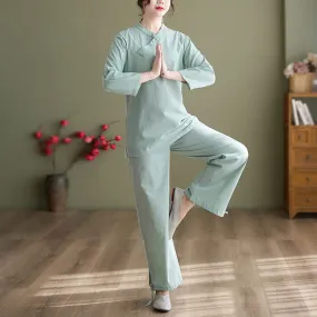 Buddha Stones 2Pcs Long Sleeve V-Neck Shirt Top Pants Meditation Zen Tai Chi Cotton Linen Clothing Women's Set