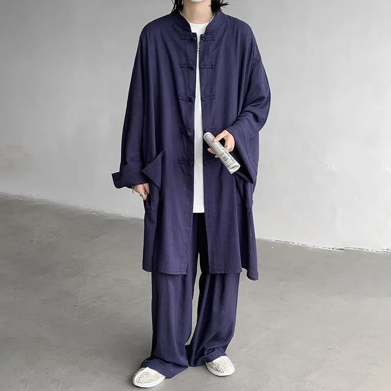 Buddha Stones 2Pcs Men's Long Sleeve Frog-Button Shirt Pants Meditation Zen Cotton Clothing Set