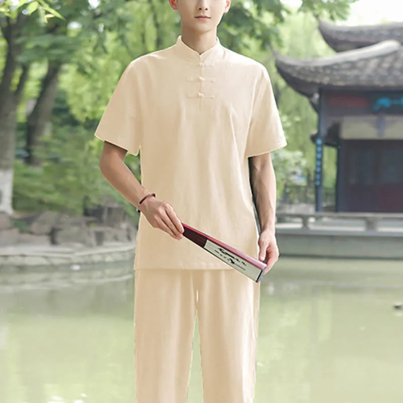 Buddha Stones 2Pcs Men's Short Sleeve Shirt Top T-Shirt Pants Meditation Zen Tai Chi Cotton Linen Clothing Set