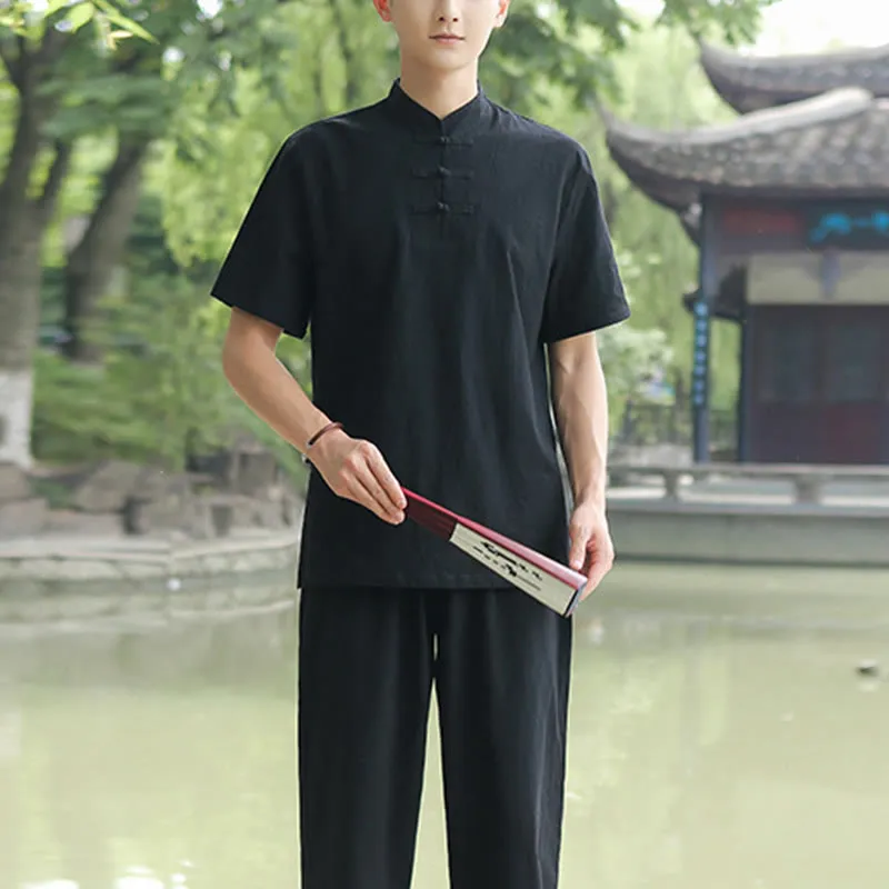 Buddha Stones 2Pcs Men's Short Sleeve Shirt Top T-Shirt Pants Meditation Zen Tai Chi Cotton Linen Clothing Set