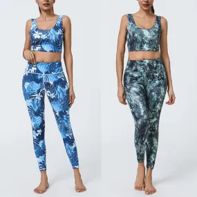 Buddha Stones 2Pcs Pineapple Grass Leaves Print Sports Fitness Crop Tank Bra High Waist Leggings Yoga Pants