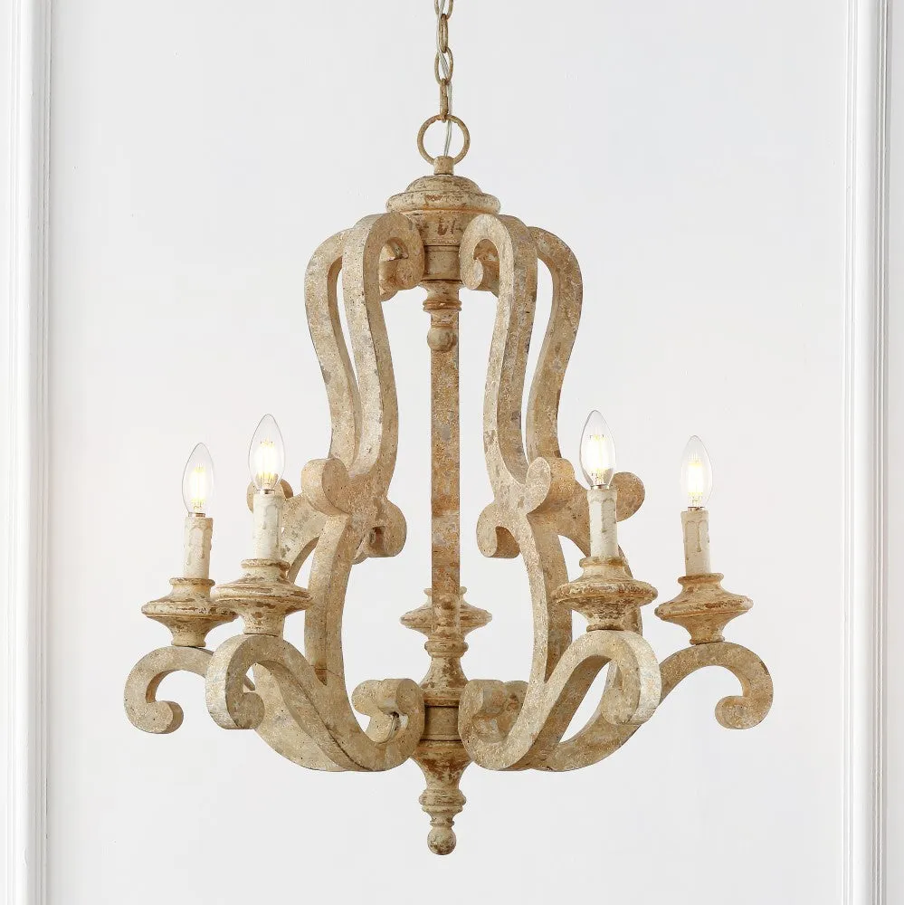 Capote 5-Light 27" Adjustable Wood/Iron Rustic Scrolled LED Chandelier