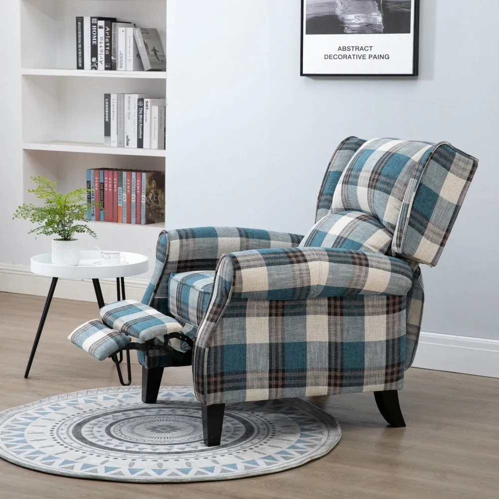 Check Armchair Plush Single Sofa Recliner for Living Room Blue