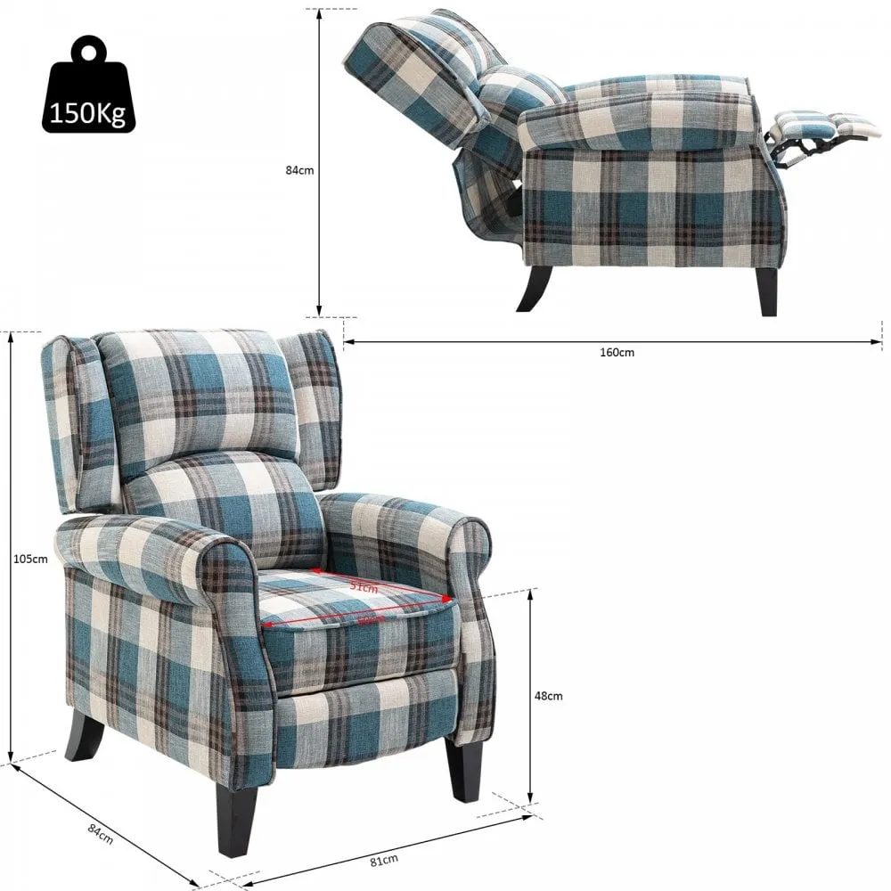 Check Armchair Plush Single Sofa Recliner for Living Room Blue