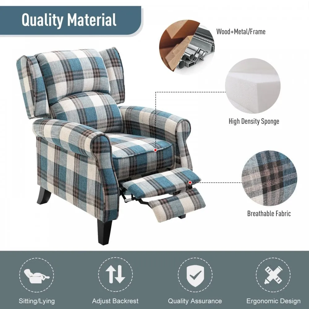 Check Armchair Plush Single Sofa Recliner for Living Room Blue