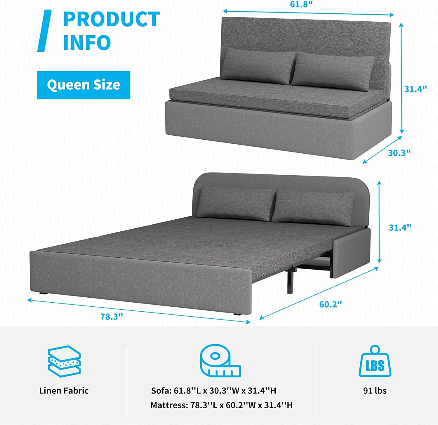Convertible Sofa Bed, Modern Pull Out Linen Sleeper