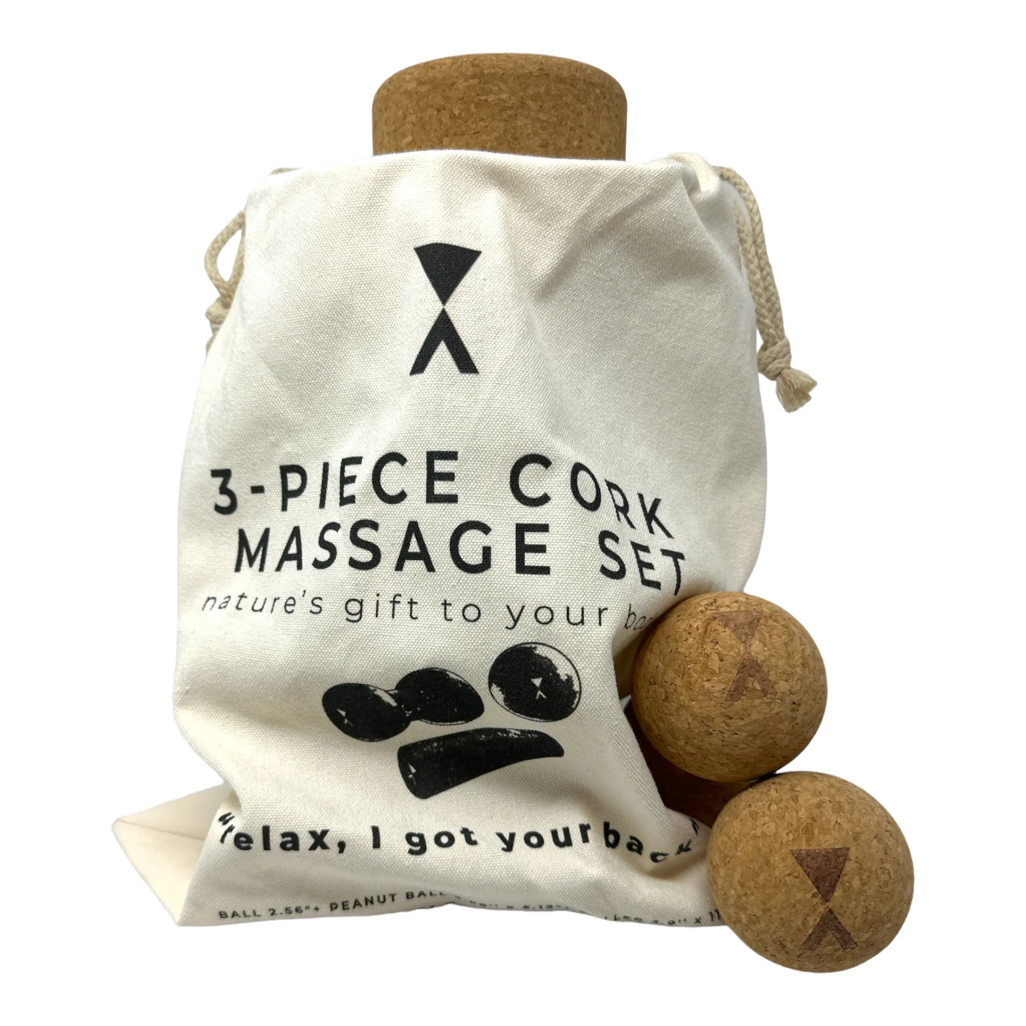 Cork Massage Set 3 Pieces - Includes Cork Peanut Roller, Cork Massage Ball, Cork Mini Roller- Includes carry bag!