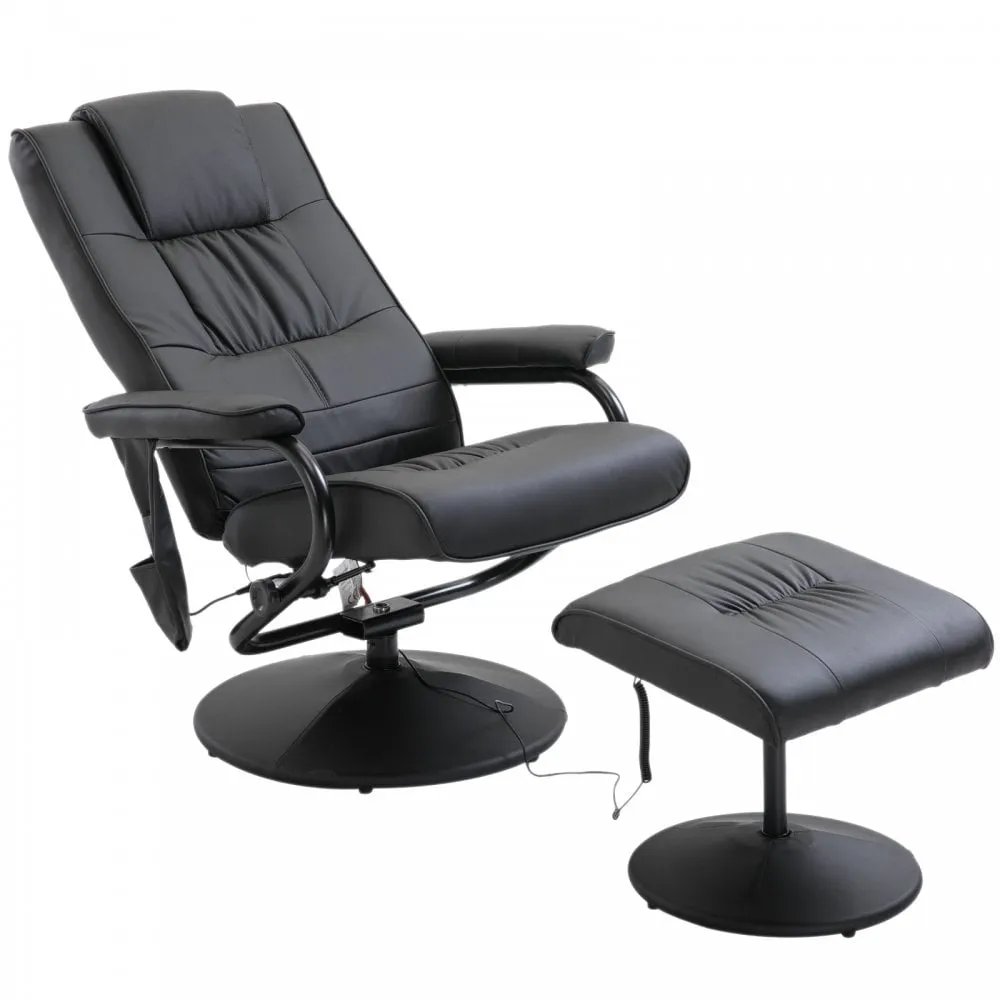Leather Massage Recliner Chair W/Footstool Black Deluxe Faux Easy Sofa Armchair Reclining with Foot Stool New Electric Rest 10 Point Massager Heat
