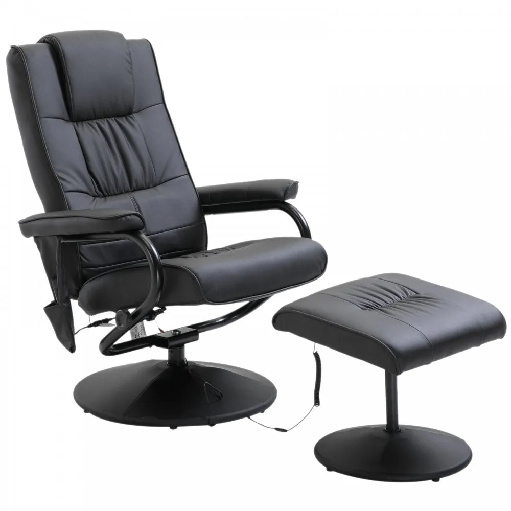 Leather Massage Recliner Chair W/Footstool Black Deluxe Faux Easy Sofa Armchair Reclining with Foot Stool New Electric Rest 10 Point Massager Heat