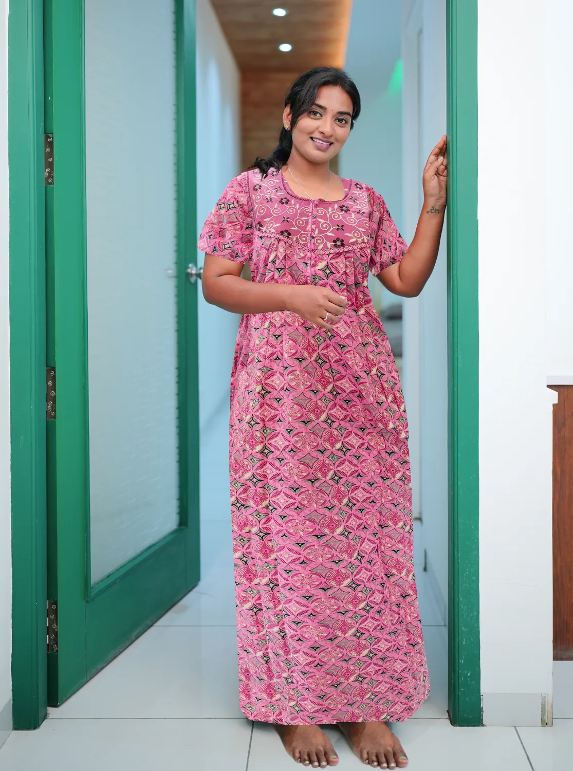 MANGAI New Collection Premium Cotton Embroidery Printed Nighties  - All Over Printed Stylish Nightwear for Stylish Women | Trendy Embroidery Neck | Pleated Model (CPL)