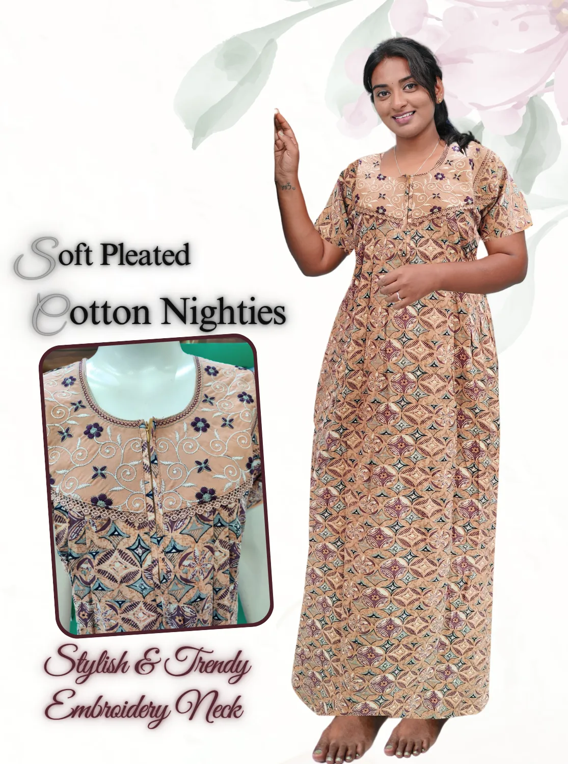 MANGAI New Collection Premium Cotton Embroidery Printed Nighties  - All Over Printed Stylish Nightwear for Stylish Women | Trendy Embroidery Neck | Pleated Model (CPL)