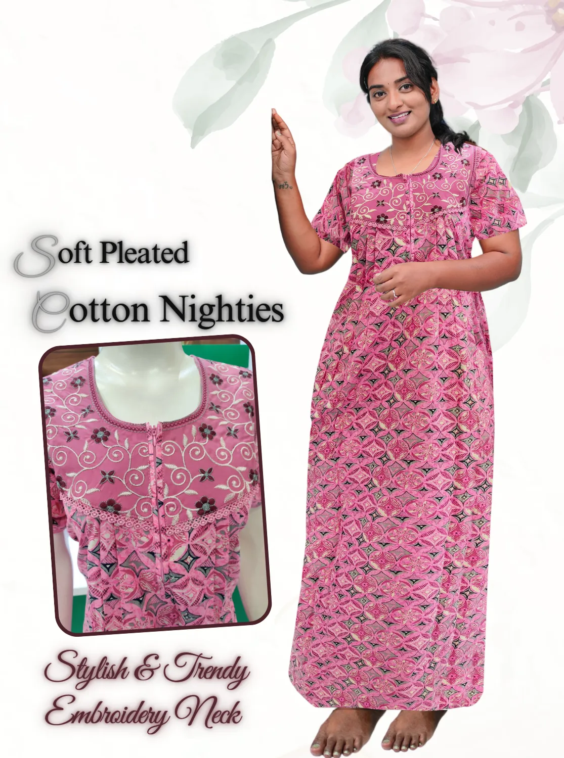 MANGAI New Collection Premium Cotton Embroidery Printed Nighties  - All Over Printed Stylish Nightwear for Stylish Women | Trendy Embroidery Neck | Pleated Model (CPL)