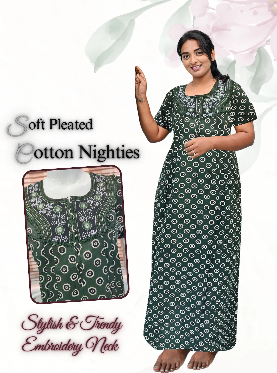 MANGAI New Collection Premium Cotton Embroidery Printed Nighties  - All Over Printed Stylish Nightwear for Stylish Women | Trendy Embroidery Neck | Pleated Model (CPL)