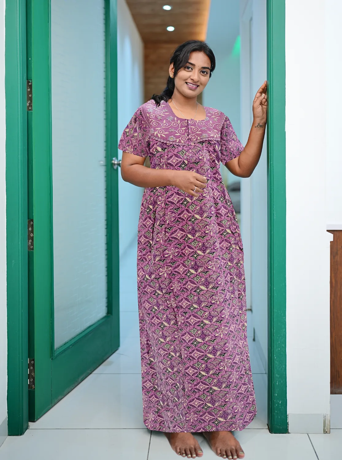 MANGAI New Collection Premium Cotton Embroidery Printed Nighties  - All Over Printed Stylish Nightwear for Stylish Women | Trendy Embroidery Neck | Pleated Model (CPL)