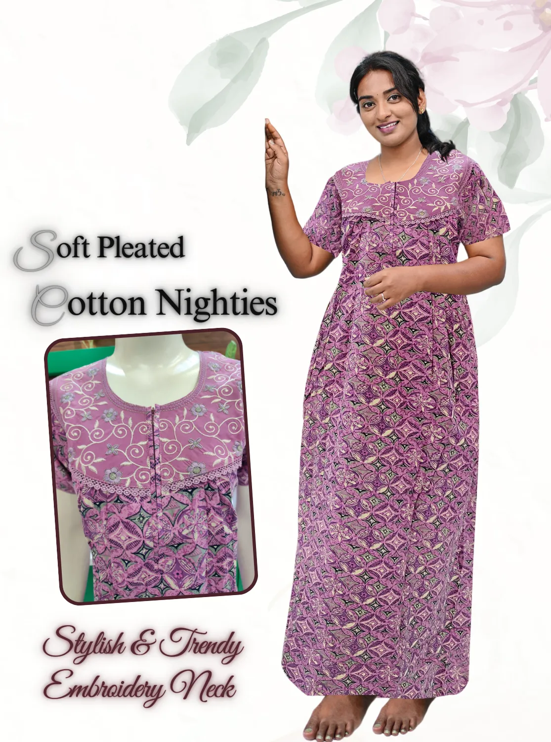 MANGAI New Collection Premium Cotton Embroidery Printed Nighties  - All Over Printed Stylish Nightwear for Stylish Women | Trendy Embroidery Neck | Pleated Model (CPL)