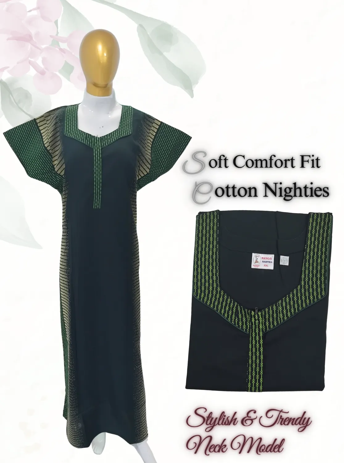 MANGAI New Regular Fit Cotton Printed  Nighties - All Over Printed Stylish COLLAR Model Nighties  | Side Cut Pocket | Beautiful Nighties for Stylish Women's (EM)