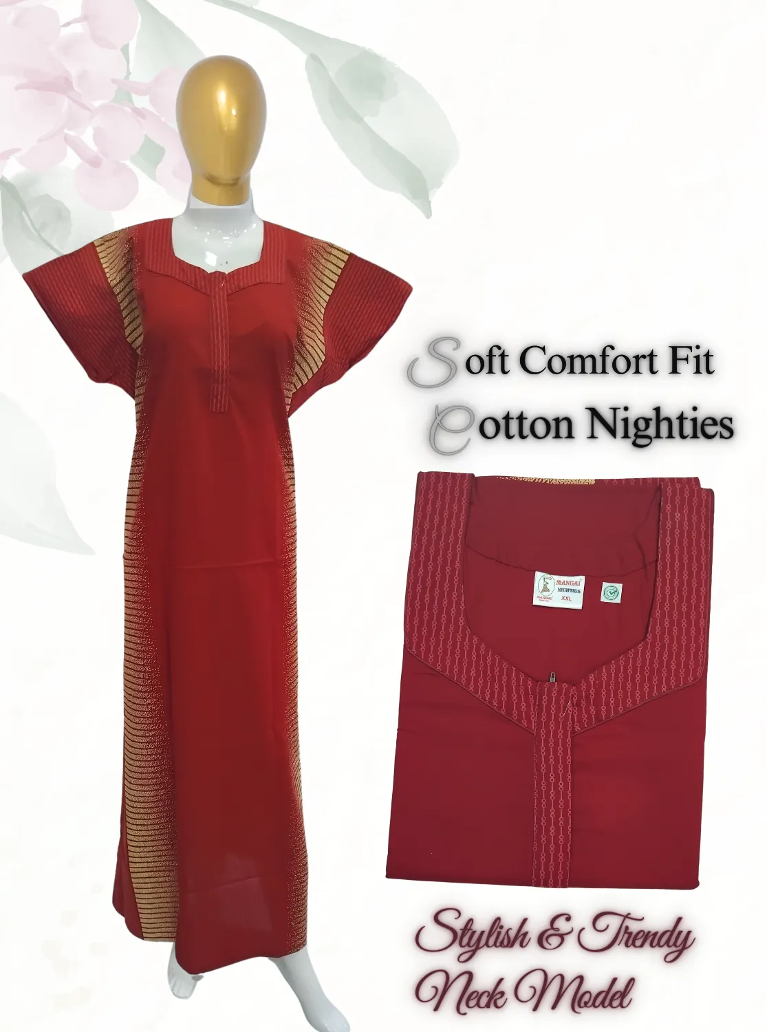 MANGAI New Regular Fit Cotton Printed  Nighties - All Over Printed Stylish COLLAR Model Nighties  | Side Cut Pocket | Beautiful Nighties for Stylish Women's (EM)